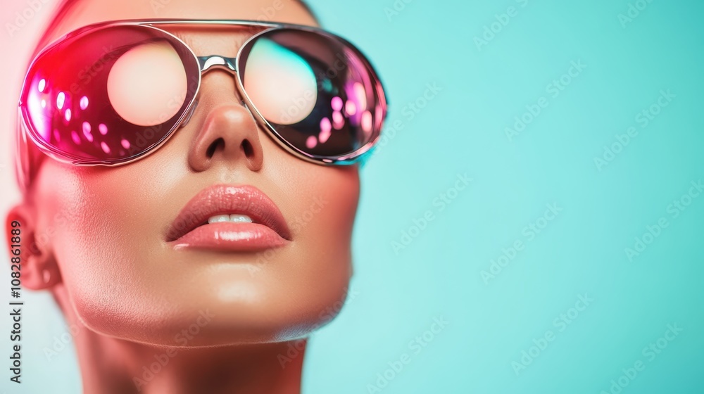 Close-up of a fashionable woman with glossy lips and large sunglasses reflecting colorful lights, creating a vibrant and modern aesthetic. Close-up of a fashionable woman with glossy lips and large sunglasses reflecting colorful lights, creating a vibrant and modern aesthetic.