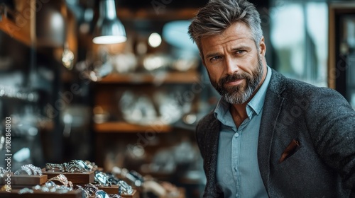 A sophisticated man with a beard is dressed smartly in a suit as he examines an array of luxury watches in a stylishly modern boutique, conveying elegance and taste. photo