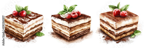 Watercolor collection of three slices of tiramisu dessert