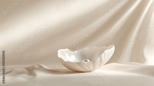 Empty graceful shell as display podium or showcase for jewelry, cosmetic product related to pearl, shiny, natural, purity product display, minimal design on beige light silky backgrounds, copy space.