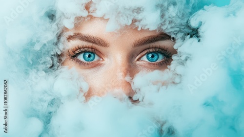 A serene and calming image where only the eyes of a woman gaze out from behind soft clouds, creating a gentle and peaceful visual in a contemporary style.