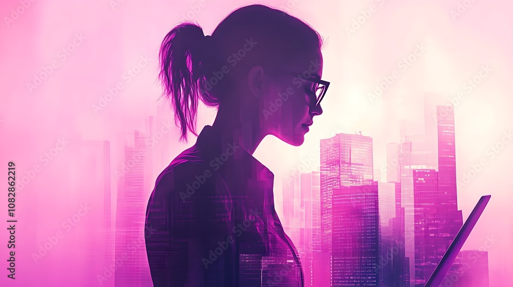 A businesswoman working on a laptop, corporate buildings rising within her outline A businesswoman working on a laptop, corporate buildings rising within her outline