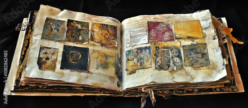 An antiquated calendar has been transformed into an artistic journal utilized for experimenting and practicing various techniques This mixed media project incorporates napkin and silk paper among photo