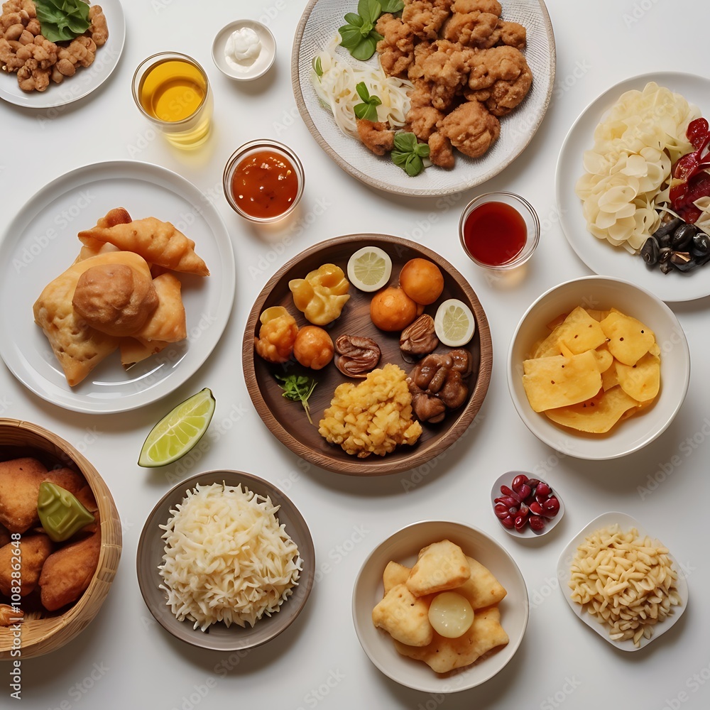 Delicious vegetarian food with seasonal traditional food arrangement Delicious vegetarian food with seasonal traditional food arrangement