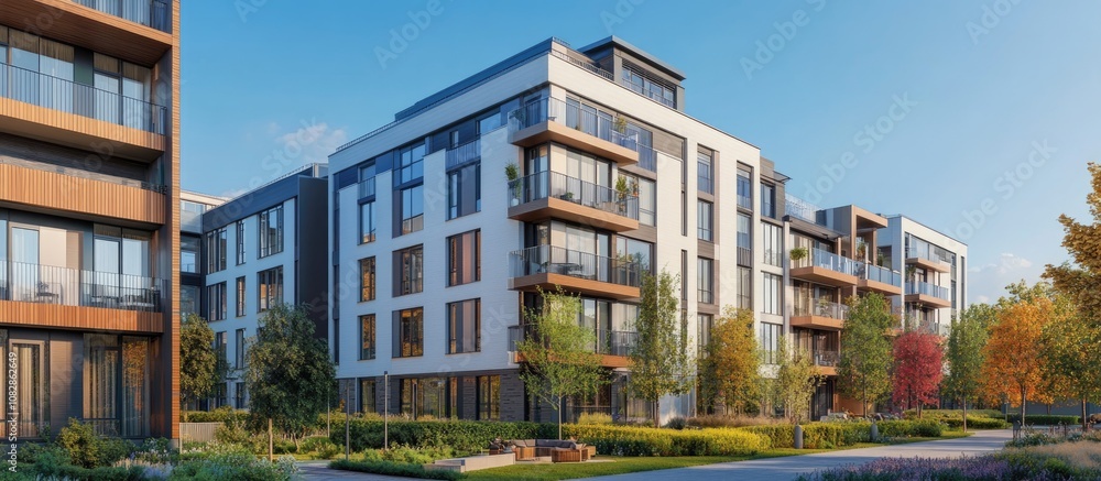 New modern apartment buildings featuring windows and balconies showcasing a contemporary architectural design alongside outdoor amenities Mixed media New modern apartment buildings featuring windows and balconies showcasing a contemporary architectural design alongside outdoor amenities Mixed media