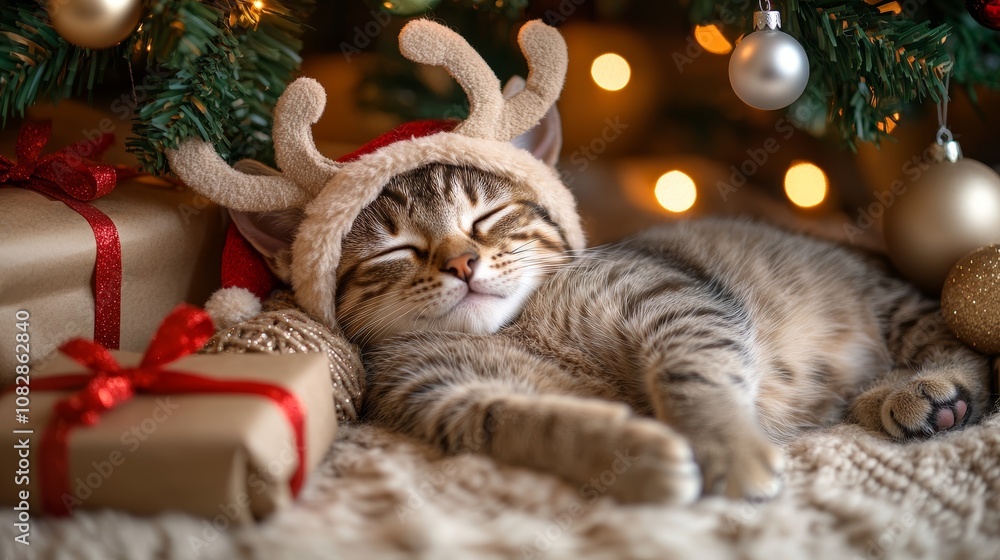 A cat wearing a reindeer costume, peacefully sleeping under a beautifully decorated Christmas tree, photography A cat wearing a reindeer costume, peacefully sleeping under a beautifully decorated Christmas tree, photography