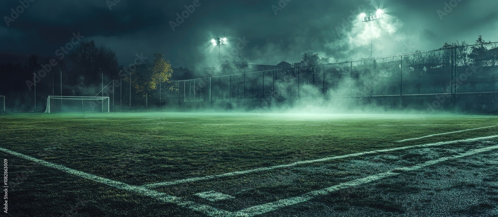 Fog shrouded soccer pitch with mixed media elements Fog shrouded soccer pitch with mixed media elements