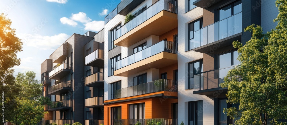 Modern apartment buildings featuring windows and balconies showcasing a contemporary residential complex with outdoor amenities Mixed media style Modern apartment buildings featuring windows and balconies showcasing a contemporary residential complex with outdoor amenities Mixed media style