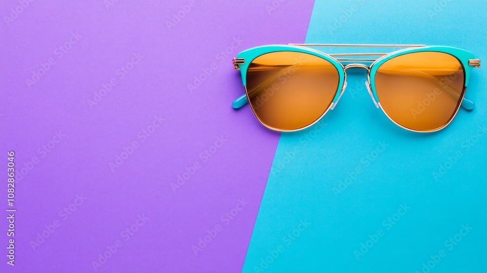 Stylish flat lay of vibrant turquoise sunglasses with brown lenses on a navy blue and purple background Stylish flat lay of vibrant turquoise sunglasses with brown lenses on a navy blue and purple background