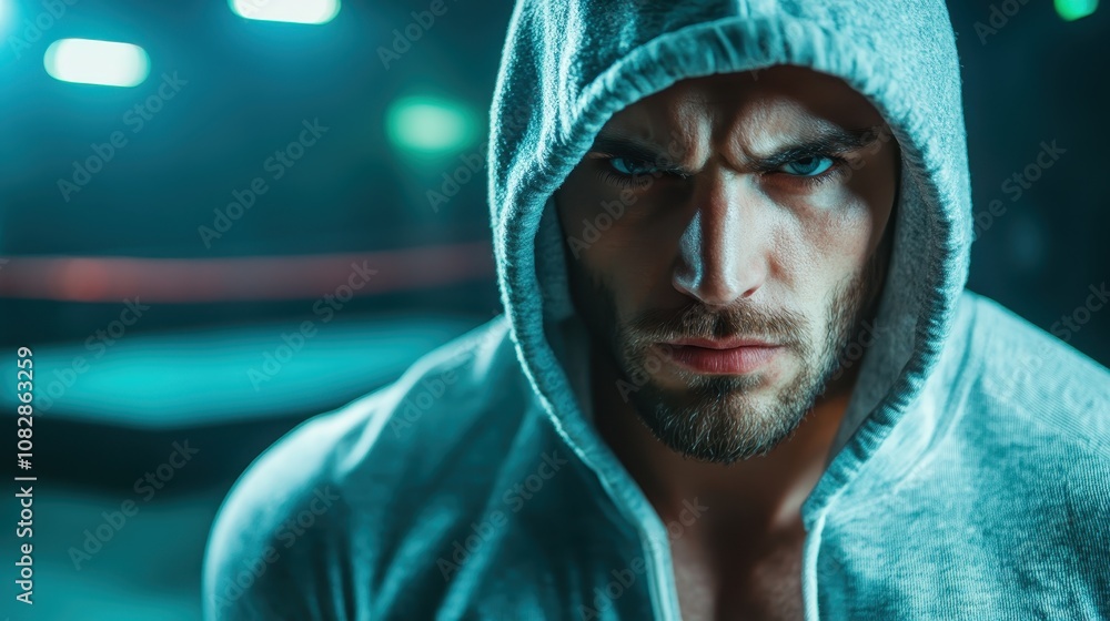 A young boxer in a light hooded top with intense expression, captured in an empty boxing space, highlighting his readiness and determination before the competition. A young boxer in a light hooded top with intense expression, captured in an empty boxing space, highlighting his readiness and determination before the competition.