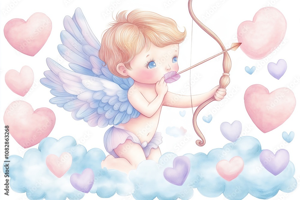 A charming watercolor illustration of Cupid with light blue wings, holding a bow and heart-shaped arrow, surrounded by pastel hearts and fluffy clouds, evoking themes of love and innocence A charming watercolor illustration of Cupid with light blue wings, holding a bow and heart-shaped arrow, surrounded by pastel hearts and fluffy clouds, evoking themes of love and innocence