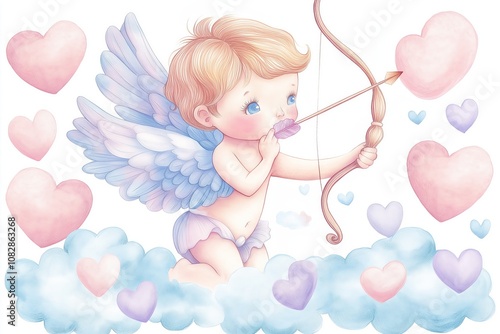 A charming watercolor illustration of Cupid with light blue wings, holding a bow and heart-shaped arrow, surrounded by pastel hearts and fluffy clouds, evoking themes of love and innocence