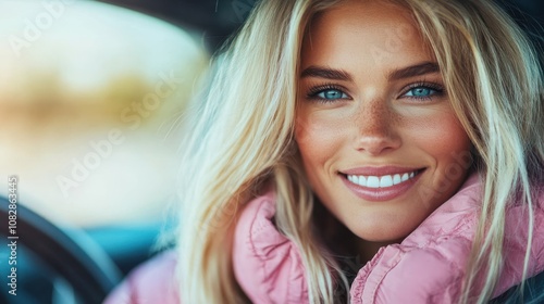 A smiling woman wearing a pink jacket radiates happiness and warmth while sitting in a car, showcasing a cheerful and inviting personality with bright surroundings.