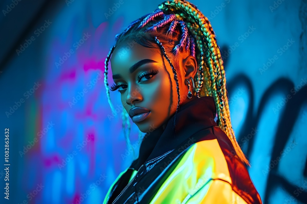 Fototapeta premium modern Black woman with colorful hair with braids, street style of urban nightlife with pink neon lights and graffiti in the background