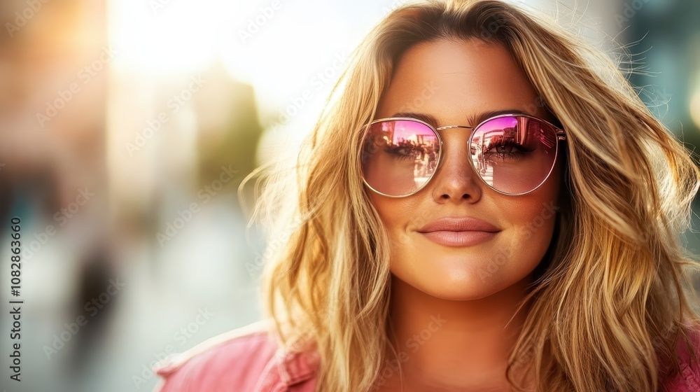 A confident woman poses stylishly in oversized sunglasses on a sunlit street, embodying fashion-forward elegance and a carefree attitude. A confident woman poses stylishly in oversized sunglasses on a sunlit street, embodying fashion-forward elegance and a carefree attitude.