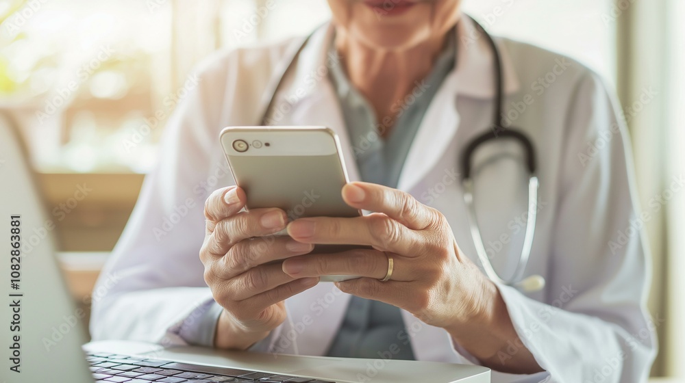 Elderly female doctor using a smartphone in a bright office, embracing modern technology for healthcare communication. Elderly female doctor using a smartphone in a bright office, embracing modern technology for healthcare communication.