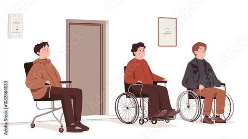 Three individuals in wheelchairs wait in a minimalist hallway near an elevator door. photo