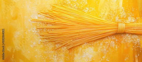 Raw spaghetti arranged on a tabletop Mixed media photo