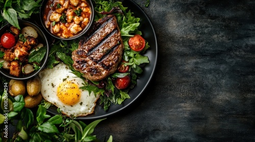 A hearty meal featuring a well-cooked steak, accompanied by a vibrant salad and a perfectly fried egg, presented in an appetizing manner, ready for a gourmet feast.