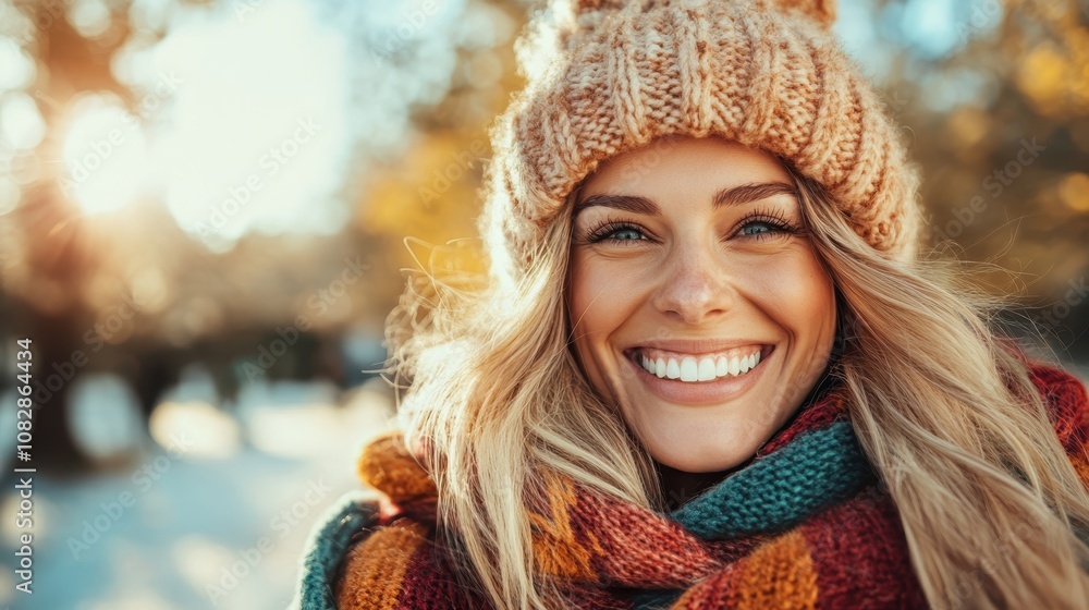 A joyful young woman, dressed warmly in a knitted hat and scarf, is beaming with a broad smile under the sunlight, embodying the warmth and joy of winter. A joyful young woman, dressed warmly in a knitted hat and scarf, is beaming with a broad smile under the sunlight, embodying the warmth and joy of winter.