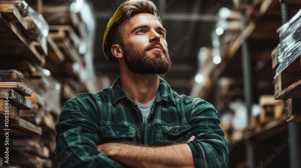 A thoughtful construction worker looking upward in a warehouse, symbolizing hard work and ambition, surrounded by wooden pallets in a work setting. A thoughtful construction worker looking upward in a warehouse, symbolizing hard work and ambition, surrounded by wooden pallets in a work setting.