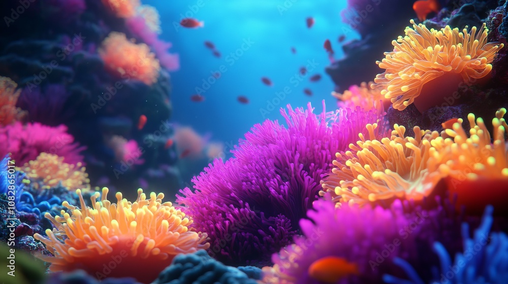 Fototapeta premium Vibrant Coral Reef with Glowing Anemones and Sea Lions in a Cinematic Underwater Scene, AI generated illustration