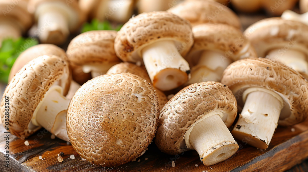 Fresh mushrooms arranged on a wooden cutting board Fresh mushrooms arranged on a wooden cutting board