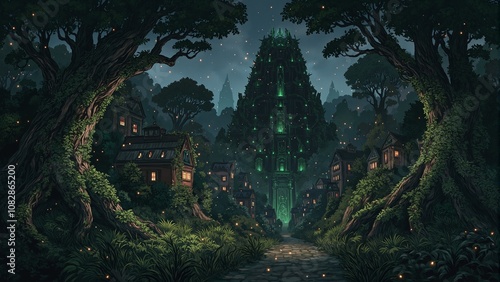 Enchanted forest city at night with treehouse buildings fireflies and a glowing ziggurat