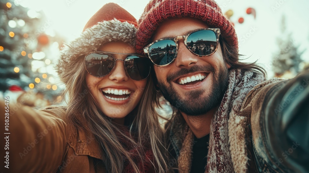 A joyful couple wearing winter hats and sunglasses poses for a selfie outdoors, with a festive backdrop, exuding warmth and happiness during sunset. A joyful couple wearing winter hats and sunglasses poses for a selfie outdoors, with a festive backdrop, exuding warmth and happiness during sunset.
