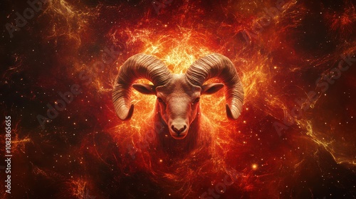 Cosmic Ram Shaping Aries Constellation: Pure Energy and Fire Nebulae, Dynamic Light Pillars, Ideal for Leadership Coaching and Spiritual Branding, High-Resolution Visuals.