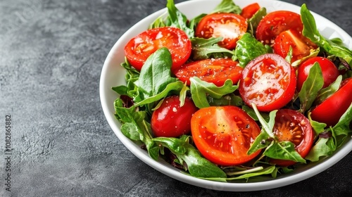 A simple and fresh salad served in a white bowl, featuring mixed greens and thick slices of ripe red tomatoes, beautifully presented on a dark surface.