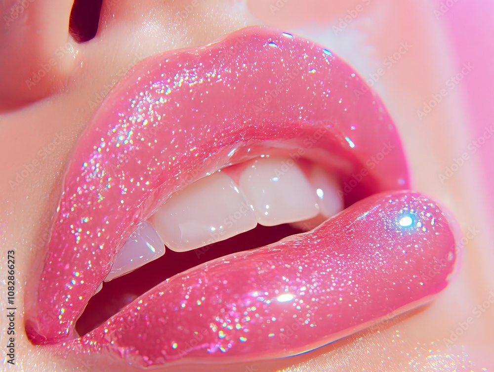 A close up of a woman's lips with pink glitter on them A close up of a woman's lips with pink glitter on them