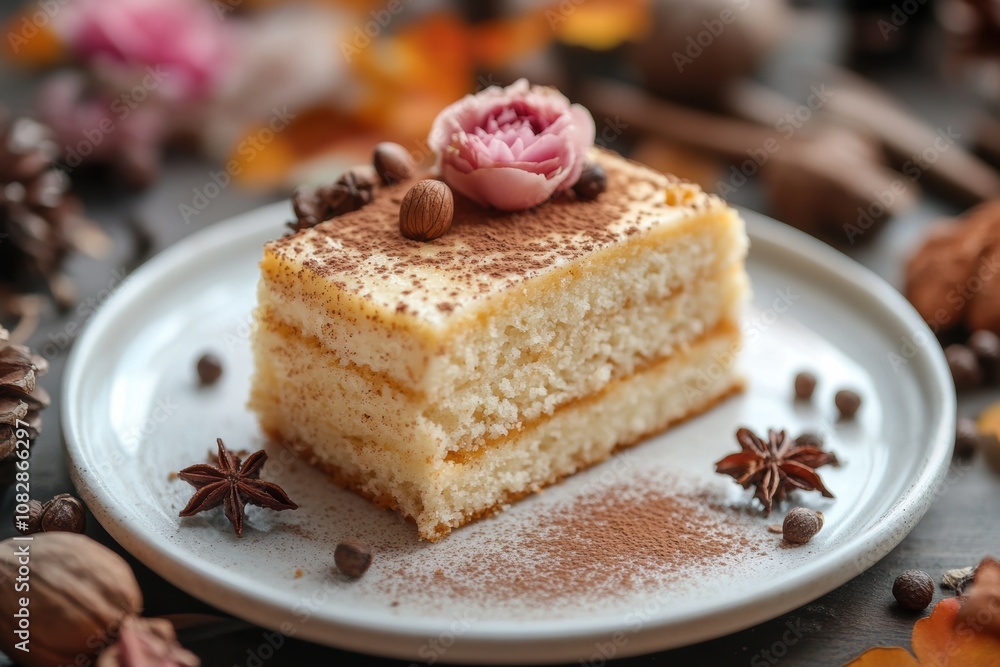 fall dessert presentation, a slice of pumpkin spice cake on a white plate, adorned with nutmeg and petals in autumn colors fall dessert presentation, a slice of pumpkin spice cake on a white plate, adorned with nutmeg and petals in autumn colors