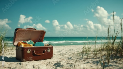 An open suitcase filled with clothes sits on a sandy beach under a clear blue sky, ready for an adventure beside a calm, inviting ocean bathed in sunlight.