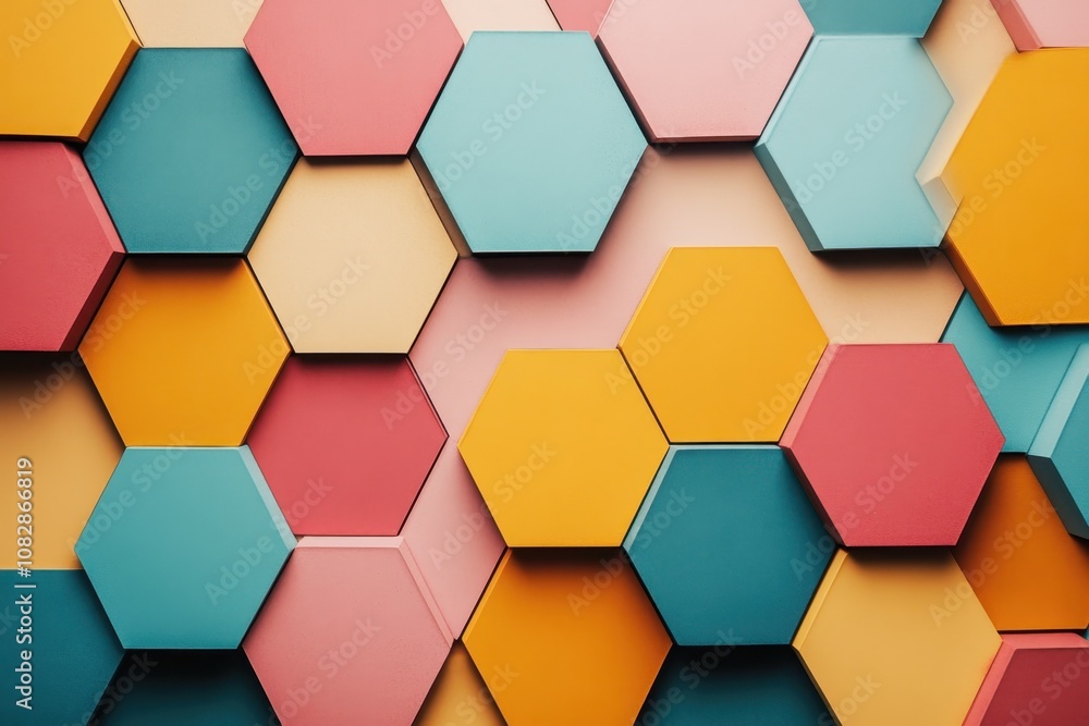 Colorful hexagonal patterns creating an abstract wall design in a vibrant indoor space Colorful hexagonal patterns creating an abstract wall design in a vibrant indoor space
