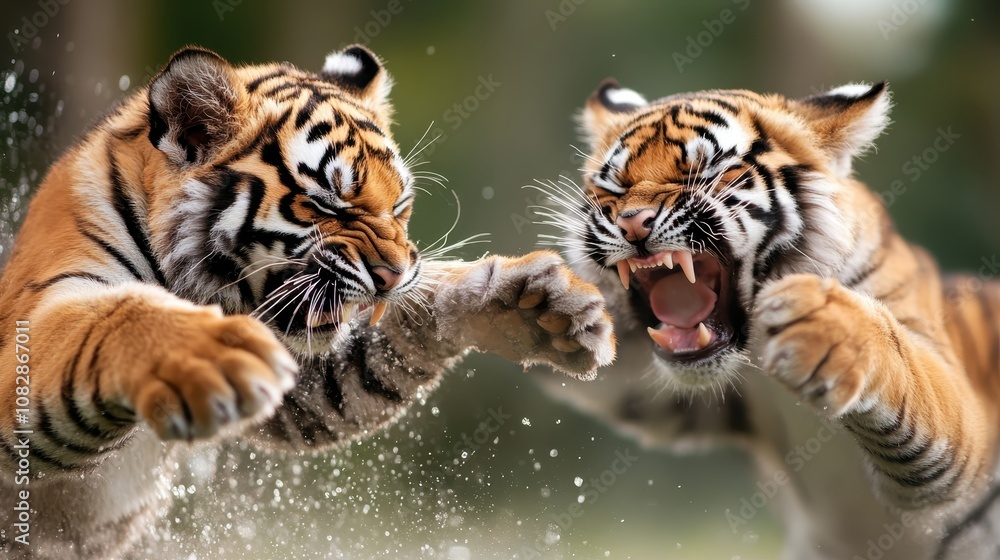 The image shows two majestic tigers in mid-air as they engage in a fierce confrontation, highlighting the power and ferocity of these wild predators. The image shows two majestic tigers in mid-air as they engage in a fierce confrontation, highlighting the power and ferocity of these wild predators.