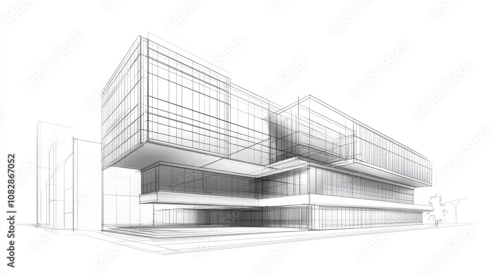 Line art illustration showcasing contemporary building architecture in a 3D perspective Line art illustration showcasing contemporary building architecture in a 3D perspective