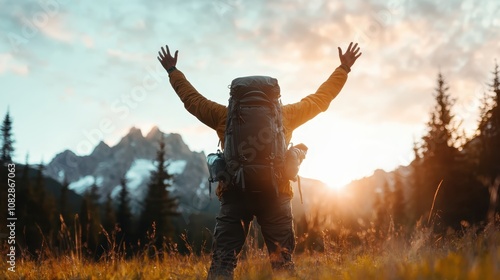 Silhouetted hiker with arms raised in victory, against a backdrop of majestic mountains at sunrise, capturing a moment of triumph and adventure in nature's splendor. photo