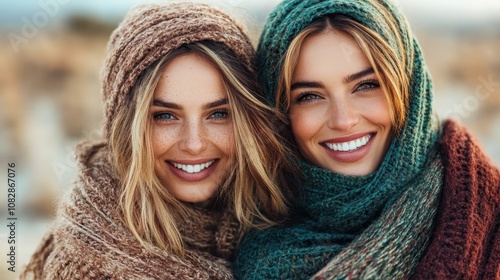 Two women wrapped in warm, woolen shawls stand close together, their faces beaming with radiant smiles, enjoying the outdoor chill and each other's company.