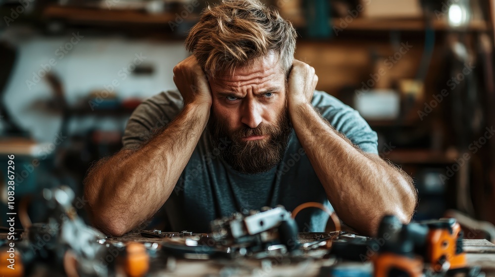 A man with a beard thoughtfully reflects in his craft workspace, his hands on his head, surrounded by creative materials in a cluttered environment. A man with a beard thoughtfully reflects in his craft workspace, his hands on his head, surrounded by creative materials in a cluttered environment.