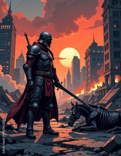 Armored knight standing solemnly with a sword next to a skeletal horse in a post-apocalyptic cityscape photo