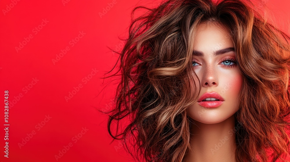 A captivating portrait showcasing a woman with flowing styled hair against a striking red background, blending modern flair with a touch of classic artistic elegance. A captivating portrait showcasing a woman with flowing styled hair against a striking red background, blending modern flair with a touch of classic artistic elegance.