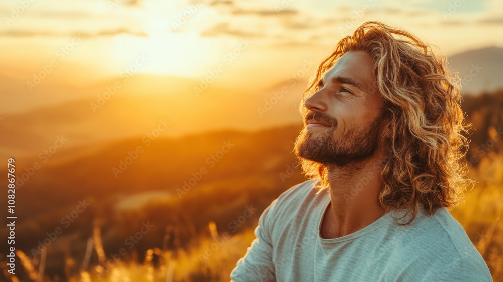 A man with long hair sits contentedly amidst rolling hills, basking in the warm glow of a sunset, as he embraces the beauty and tranquility of the moment. A man with long hair sits contentedly amidst rolling hills, basking in the warm glow of a sunset, as he embraces the beauty and tranquility of the moment.
