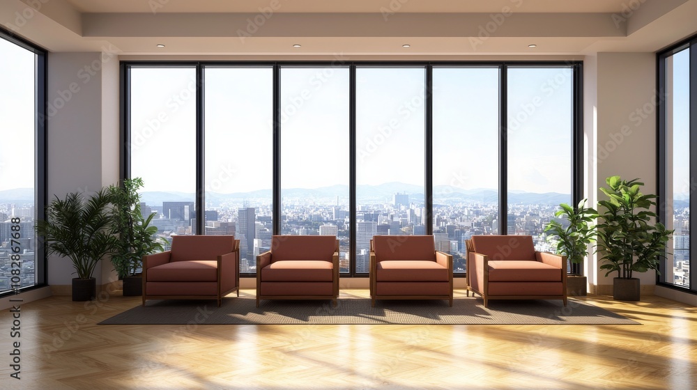 Fototapeta premium Modern living room setup urban high-rise interior design bright natural light contemporary style