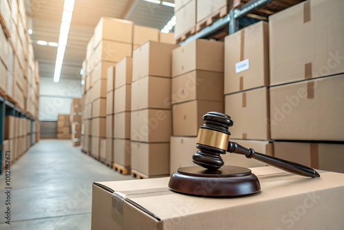 A gavel rests on a box in a warehouse, surrounded by stacked cardboard boxes, symbolizing order, judgment, and the legal process.