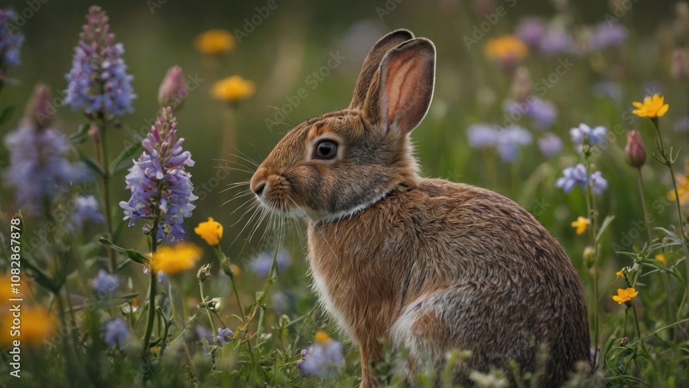 Fototapeta premium A Brown Rabbit Sitting Among Colorful Wildflowers in a Lush Green Meadow During Springtime