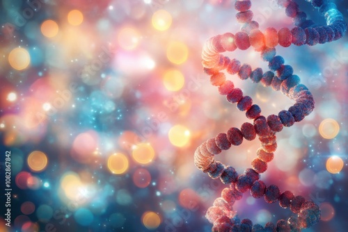 Colorful representation of DNA helix in a vibrant abstract background with bokeh effect