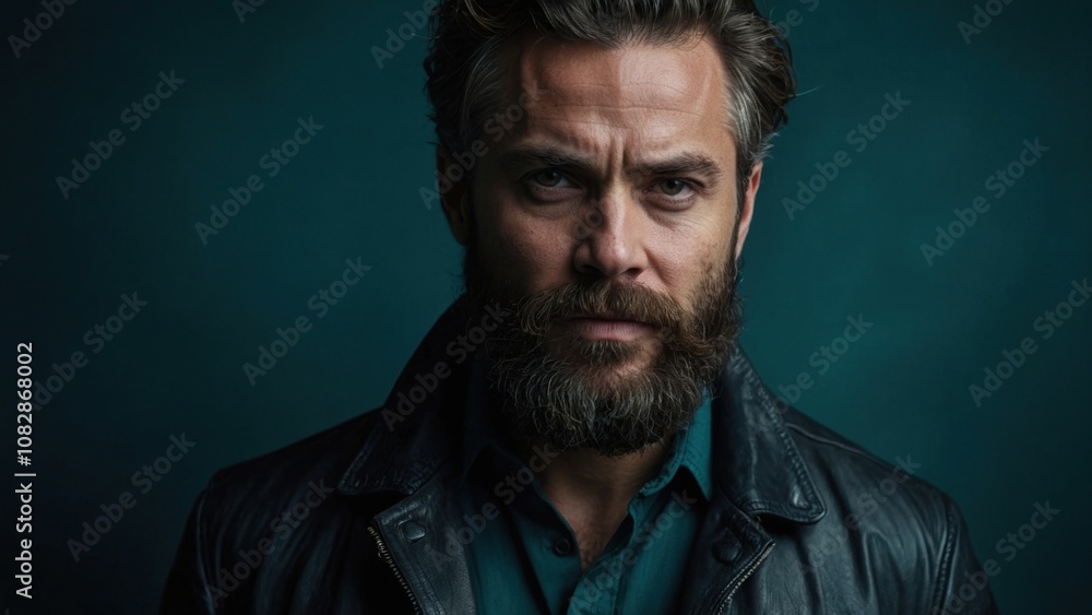 Portrait of a Man With a Beard Wearing a Leather Jacket Against a Dark Background Portrait of a Man With a Beard Wearing a Leather Jacket Against a Dark Background