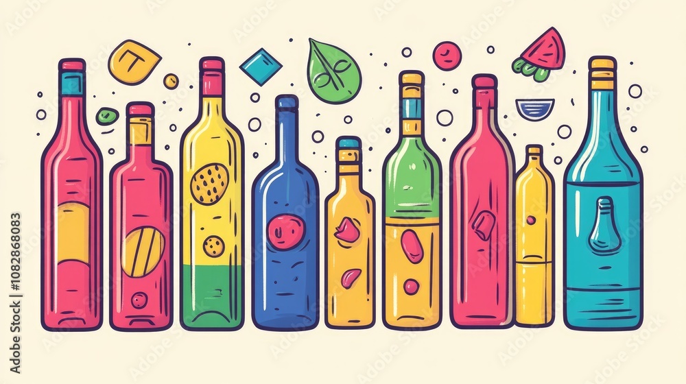 Line art illustration featuring a variety of vibrant bottles Line art illustration featuring a variety of vibrant bottles
