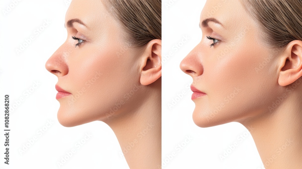 Facial profile comparison studio setting portrait photography minimalist background side view aesthetic enhancement Facial profile comparison studio setting portrait photography minimalist background side view aesthetic enhancement